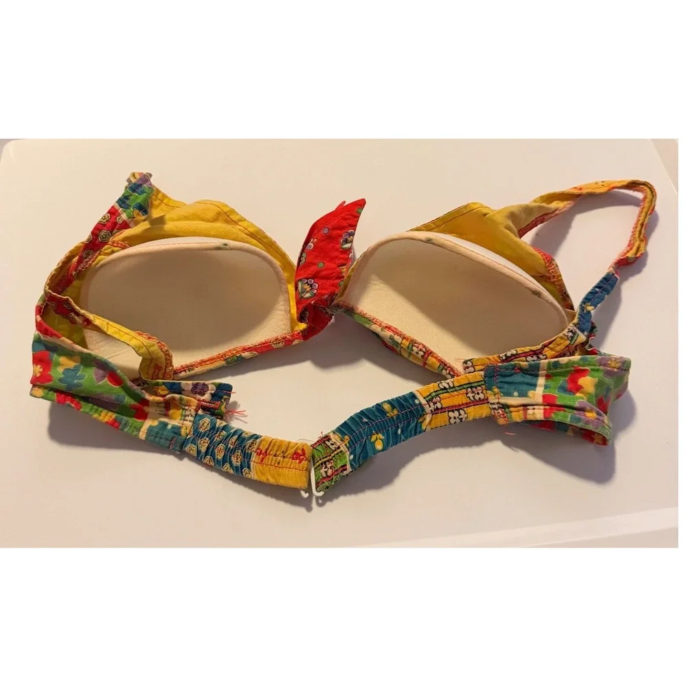 Vintage Patchwork Floral Bikini Top Front Tie Retro Boho‎ Multicolor Swimwear